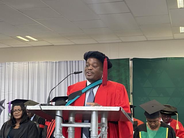 WINDHOEK, 18 September 2025 - The Chief Executive Officer of the Namibian College of Open and Distance Learning (NAMCOL), Nghepathimo Kadhila speaking during NAMCOL’s graduation ceremony in Windhoek. 

(Photo: Edward Tenete) NAMPA