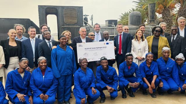 ARANDIS, 19 September 2025 - European Union delegation led by Commissioner for International Partnerships Jozef Sikela, Arandis Constituency Councillor Benitha Imbamba, Namibia University of Science and Technology (NUST) Vice Chancellor Professor Erold Naomab and NIMT Director Ralph Bussel photographed amongst stakeholders of the IGNITE Green Hydrogen (GH2) Project. (Photo by: Isabel Bento) NAMPA