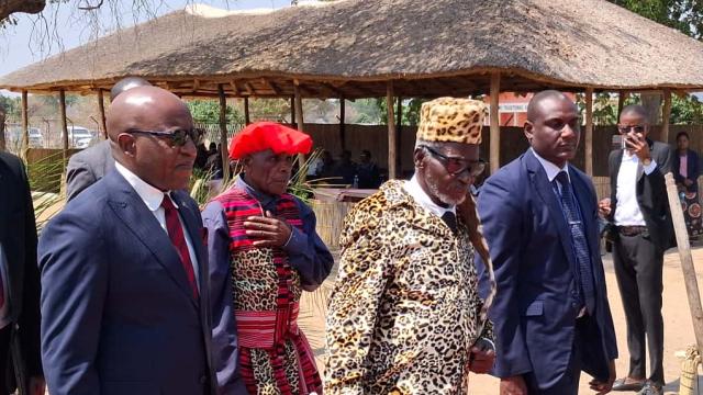 KONGOLA, 21 September 2025 - Prime Minister Elijah Ngurare who was the guest of honour at the Tulikonge Cultural Festival of the Mashi Traditional Authority in the Zambezi Region is flanked by Mfumu (Chief) Joseph Tembwe Mayuni III as they make their way into the arena for the celebration of the festival at Kongola on Sunday.

(Photo: Contributed) NAMPA