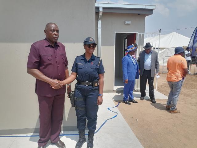 OKAKARARA, 25 September 2025 - The Minister of Urban and Rural Development, James Sankwasa (L) at the handing over ceremony of 52 new houses to residents of the town on Thursday afternoon. (Photo by: Mulisa Simiyasa) NAMPA 