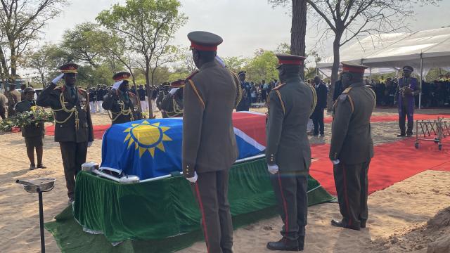 Laid to rest- The late war veteran and former Robben Island prisoner, Wilbard Sakaria Ihuhwa being laid to rest on Saturday
minoring at Onankali North Cemetery in a military funeral service style accorded on him by President Netumbo Nandi-Ndaitwah.

PHOTO: Max Henrich (NAMPA)