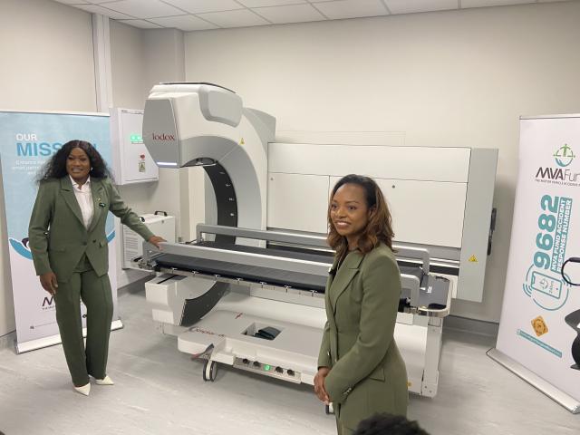WINDHOEK, 29 September 2025 - The Minister of Health and Social Services, Esperance Luvindao pictured together with the Motor Vehicle Accident Fund’s Chief Executive Officer, Rosalia Martins-Hausiku in front of the Ladox machine. (Photo: Edward Tenete) NAMPA
