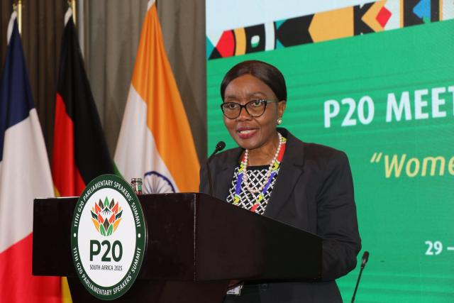 WINDHOEK, 30 September 2025 - National Assembly Speaker Saara Kuugongelwa-Amadhila addressing the 2nd P20 Meeting of Women Parliamentarians meeting in South Africa (Photo: Contributed) NAMPA
