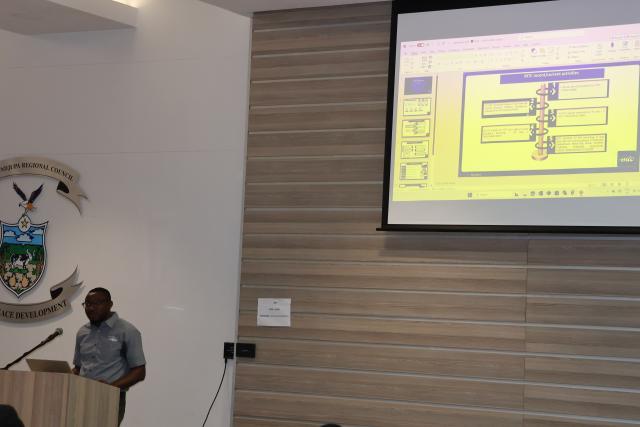 OTJIWARONGO, 02 October 2025 - Mobile Telecommunication Company (MTC) head of infrastructure, Erastus Tuhafeni speaks at a consultative meeting at Otjiwarongo on the ICT infrastructure development for the region on Thursday afternoon. (Photo by: Mulisa Simiyasa) NAMPA
