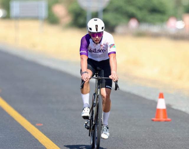 WINDHOEK, 05 October 2025  – Junior cyclist Roger Suren while crossing the line in the A1 highway during the 26th edition of the Namibian Cycle Classic that saw over 500 riders, who competed across three categories: 25 kilometres (km), 60km, and 100km. Suren was crowned winner of the elite men's category. (Photo by: Hesron Kapanga) NAMPA
