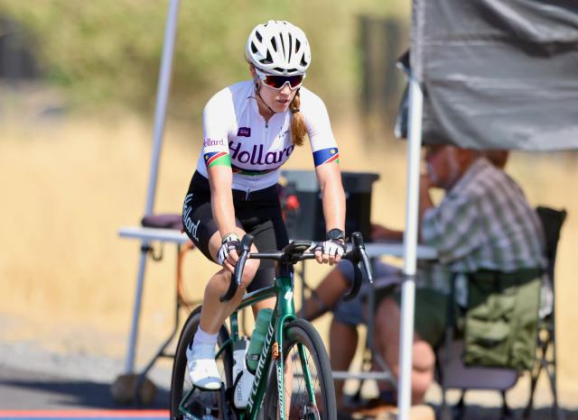 WINDHOEK, 05 October 2025  – Elite female cyclist Anri Greef while crossing the line in the A1 highway during the 26th edition of the Namibian Cycle Classic that saw over 500 riders, who competed across three categories: 25 kilometres (km), 60km, and 100km. Greef was crowned winner of the elite women's category. (Photo by: Hesron Kapanga) NAMPA
