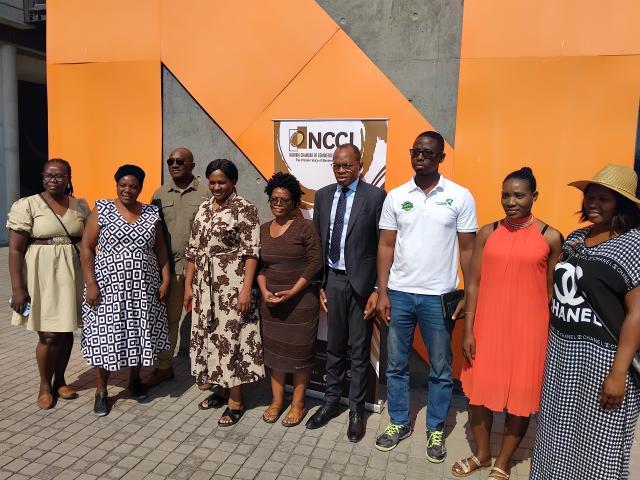 KATIMA MULILO, 09 October 2025 - The Chief Executive Officer of NCCI, Titus Nampala pictured with newly elected Chairperson of the Katima Mulilo NCCI regional branch, Sharon Limbo and her deputy Frank Ntemwa as well as other members of the Regional Exco.

(Photo: Michael Mutonga Liswaniso) NAMPA