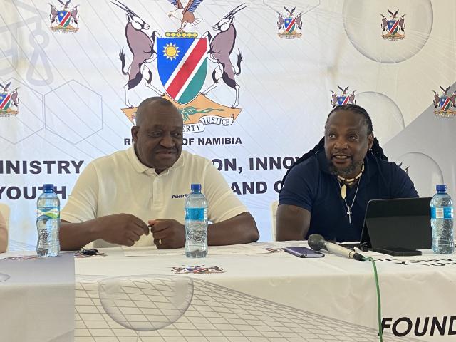 WINDHOEK, 14 October 2025 - Erongo Regional Sports Officer, Bethold Karumendu (L) pictured with Ministry of Education, Innovation, Youth, Sport, Arts and Culture Chief Sport Officer, Letu Hamhola (R) at a press conference in Windhoek. (Photo: Contributed)