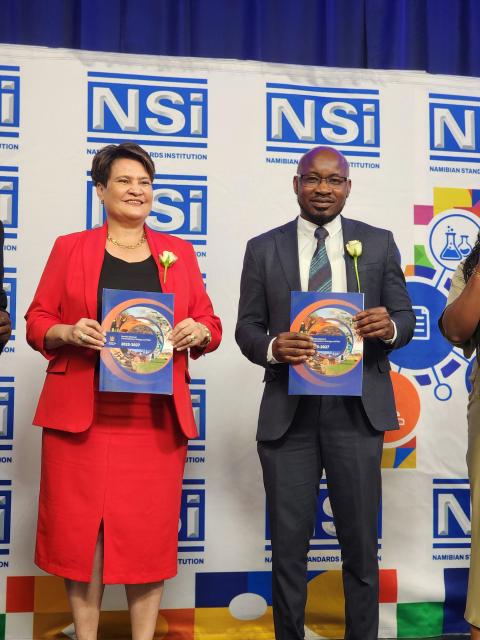 WINDHOEK, 14 OCTOBER 2025 - Deputy Minister of Industrialisation, Mines and Energy, Gaudentia Krönhe (L) and Namibia Standards Institution (NSI)'s Chief Executive Officer (CEO) Eino Mvula (R) at the NSI National Quality Awards. (Photo by: Molly Weyulu) NAMPA 