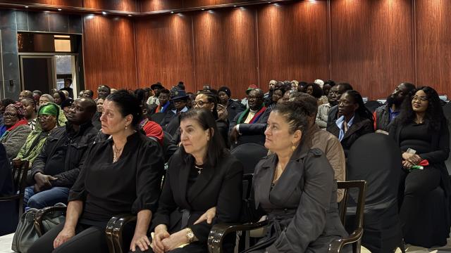 WALVIS BAY, 14 October 2025 - Meme Roulla Savva (middle) the widow of the late John Savva, well known Walvis Bay businessman, philanthropist and community leader, who died after an illness. She is photographed with their two daughters. (Photo by: Isabel Bento) NAMPA