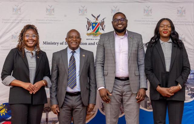 WINDHOEK,15 OCTOBER 2025 - Prime minister Elijah Ngurare  (C) Minister of Information Communication and Technology, Emma Theofelus (L) and Khomas Regional Governor Sam Shafishuna Nujoma (R) during the launch of the National Mega Hackathon in Windhoek (Photo: Contributed). NAMPA