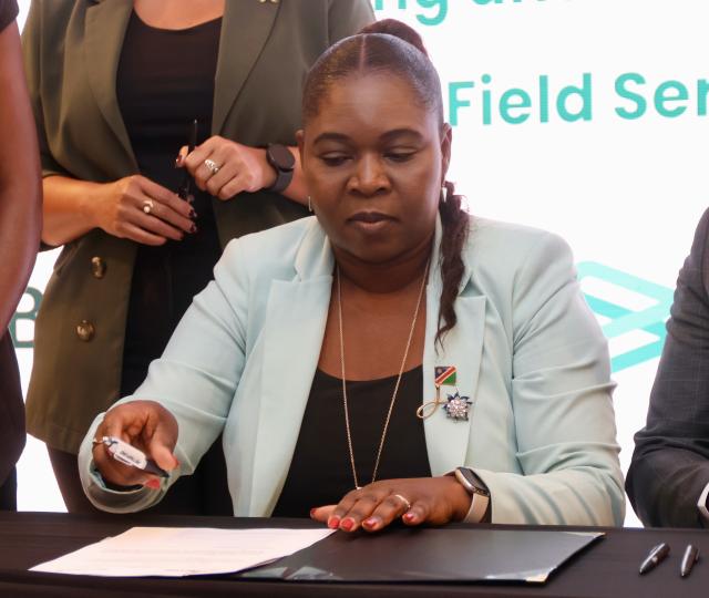 WINDHOEK, 16 October 2025 - Petrofund CEO Nillian Mulemi pictured while signing the MoU during the Baker Hughes suppliers day event which was held in Windhoek. (Photo by: Hesron Kapanga) NAMPA 