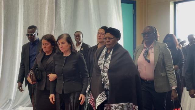 WALVIS BAY, 07 October 2025 - President Netumbo Nandi-Ndaitwah accompanying the wife of late Walvis Bay businessman John Savva, Roulla Savva and their daughters as they arrive  to her late husband during a memorial service. (Photo by: Isabel Bento) NAMPA