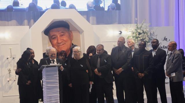 WALVIS BAY, 07 October 2025 - The “Golden Girls and Boys”, a close-knit group of friends to which the late John Savva his wife Roulla both belonged, delivering a tribute during a memorial service. Among the group is former minister of fisheries and marine resources Derek Klazen and former Erongo Governor Neville Andre, among others. (Photo by: Isabel Bento) NAMPA