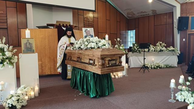 WALVIS BAY, 18 October 2025 - The casket of the businessman John Savva being blessed by a priest at a church in Walvis Bay. (Photo by: Isabel Bento) NAMPA