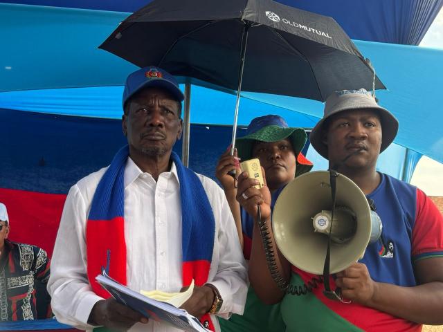 MARIENTAL, 18 October 2025 (NAMPA)- The Namibian Ambassador to China, Elia Kaiyamo, delivered a speech during the Iipumbu Yashilongo SWAPO Branch Mini  Rally held in Mariental Urban on Saturday.
(Photo: Charmaine Boois) NAMPA 