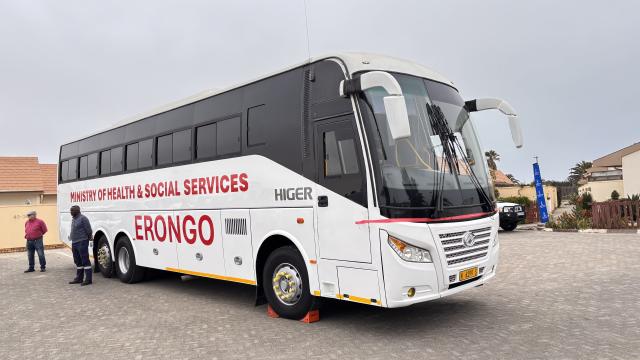 SWAKOPMUND, 20 October 2025 - The 55-seater patient transporter bus donated to the Ministry of Health and Social Services in the Erongo Region by the Rössing Uranium Mine on Monday. (Photo by: Isabel Bento) NAMPA