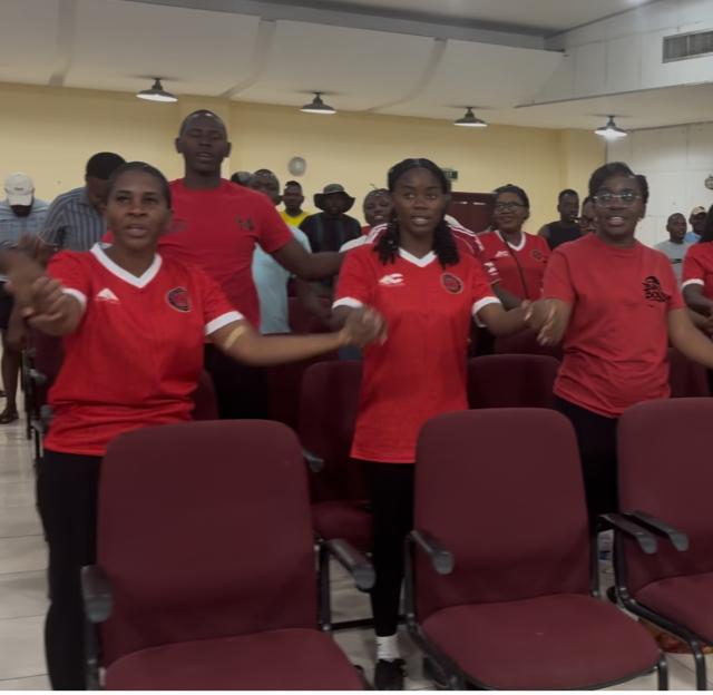 RUNDU, 22 October 2025 - Teachers from the two Kavango regions holding hands during the official launch of the Sanlam/Allianz annual teachers tournament at Rundu on Wednesday. (Photo by: Sawi Hausiku) NAMPA 