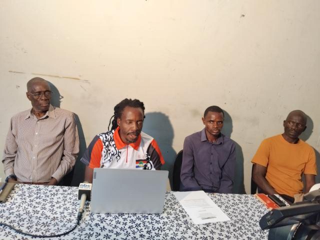 KATIMA MULILO, 23 October 2025 - Rasboom Mweemba, the spokesperson of the National Democratic Party (NDP) speaking at the regional and local authority manifesto launch of NDP on Thursday at Katima Mulilo. He is flanked here by fellow NDP party 'brave' cadres.
(Photo: Michael Mutonga Liswaniso) NAMPA