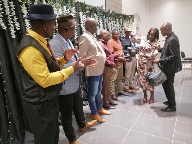 OTJIWARONGO, 24 October 2025 - The Otjozondjupa Regional Constituency Councillors line up to receive gifts from the acting Chief Regional Officer, Shikongo Alweendo (R) being supported by the regional council director of planning, Vilma Guriras as councillors bid farewell to council staff-members at Otjiwarongo on Friday night. (Photo by: Mulisa Simiyasa) NAMPA