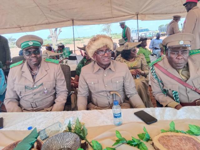 AMINUIS, 27 October 2025 - Ovambanderu Traditional Authority Chief Tjozohongo II Nguvauva (C) flanked by Zebald Tjozongoro (L) and Kaitjombiri Karjirua (R). (Photo by: Zebaldt Ngaruka) NAMPA