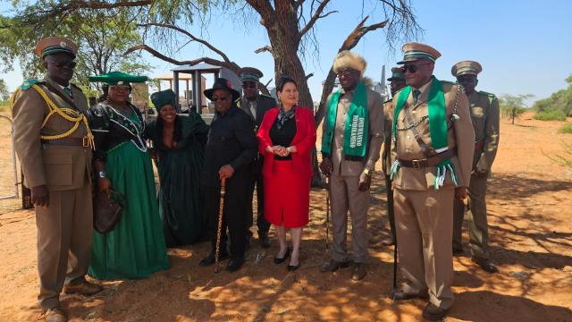 AMINUIS, 27 October 2025 - Ovambanderu Chief Tjozohongo II Nguvauva pictured with Deputy Minister of Industries, Mines and Energy Gaudentia Krohne,  Omaheke Governor Pijoo Nganate, and the Ovambanderu leadership during the commemoration of the Ovambanderu community’s forced migration from concentration camps to Aminuis. (Photo by: Zebaldt Ngaruka) NAMPA