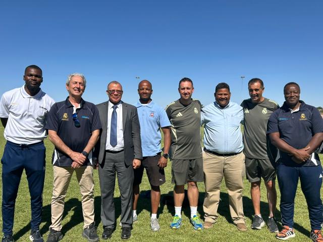 MARIENTAL, 27 October 2025 - Representatives from the Real Madrid Sports Clinic pictured with local teachers and the Hardap Region's Director of Education, Innovation, Sports Arts and Culture, Paulus Lewin, during the official opening of the Real Madrid Soccer Clinic in Mariental on Monday. (Photo by: Charmaine Boois) NAMPA