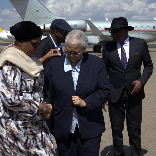 WINDHOEK, 05 November 2025 - President Netumbo Nandi-Ndaitwah conversing with Deputy President Lucia Witbooi before she departs for the COP30 summit in
 Brazil  (Photo: Andreas Thomas) NAMPA
