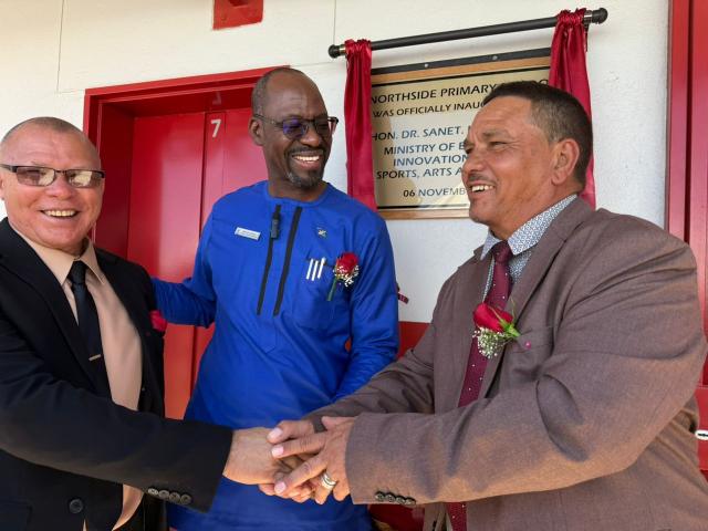 REHOBOTH, 06 November 2025- The Governor of Hardap region, Riaan McNab, the regional Director of Education, Innovation, Sports, Arts and Culture,Paulus Lewin (MEIYSAC) and Knox Imbuwa the Deputy Executive Director of Finance and Administration in MEIYSAC together at the inauguration of the Northside Primary School in Rehoboth on Thursday.
(Photo:Charmaine Boois) NAMPA 