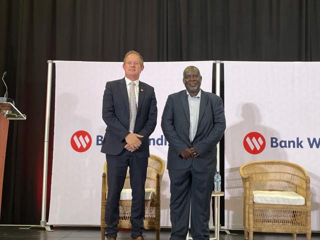 Windhoek, 06 November 2025 - Bank Windhoek Managing Director, James Chapman (L) pictured with Deputy Executive Director in the Ministry of Agriculture, Water and Land Reform, Kingsley Kwenani (R) during the sixth edition of the Bank Windhoek Agricultural series.( Photo by: Mathilde Kudumo) NAMPA 