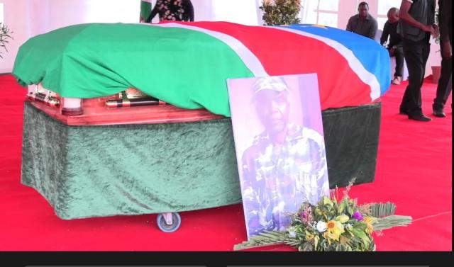 SINGALAMWE, 07 November 2025 -  Namibian flag draped coffin of Namibian war veteran, Office Chisozu (90) who was was accorded a military funeral by President Netumbo Nandi-Ndaitwah was on Saturday laid to rest at Kamenga Shrine in the Kongola Constituency of the Zambezi Region. 

(Photo: Contributed) NAMPA
