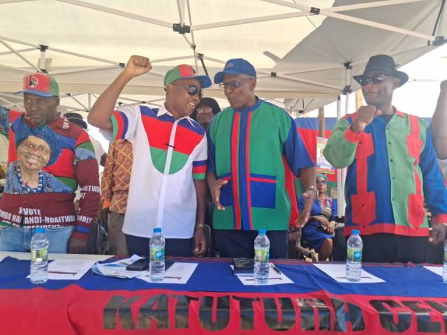 WINDHOEK, 09 November 2025 - The Swapo party candidate for the upcoming elections in the Katutura Central Constituency, Muesee Kazapua, pictured with Dr. Kaire Mbuende and other members during the ruling party's mini rally in Katutura on Sunday. (Photo by: Uakutura Kambaekua) NAMPA.