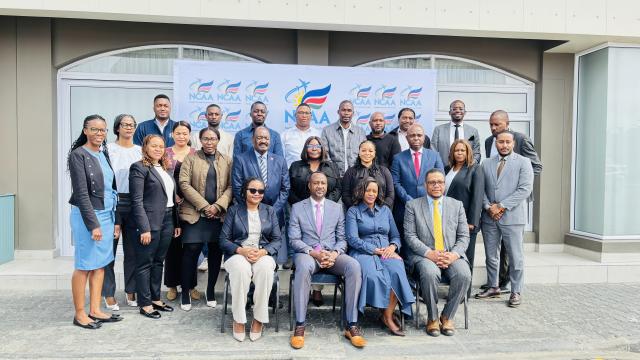 SWAKOPMUND, 11 November 2025 -  Executive Director in the Ministry of Works and Transport, Jonas Sheelongo, Namibia Civil Aviation Authority (NCAA) Chief Executive Officer Toska Sam and Technical Coordinator for the SADC Aviation Safety Organisation (SASO) Beloved Mupfururirwa photographed with stakeholders at the Southern African Development Community (SADC) Regional Annex 16 Environmental Workshop in Swakopmund on Tuesday. (Photo by: Isabel Bento) NAMPA