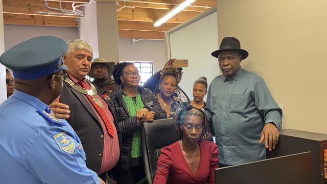 HENTIES BAY, 14 November 2025 -  Minister of Urban and Rural Development Sankwasa James Sankwasa, Erongo Governor Natalia |Goagoses and Henties Bay Mayor Lewis Vermaak in the newly inaugurated CCTV control room at the town. Irya Gabriel (seated) is one of the CCTV operators. (Photo by: Isabel Bento) NAMPA