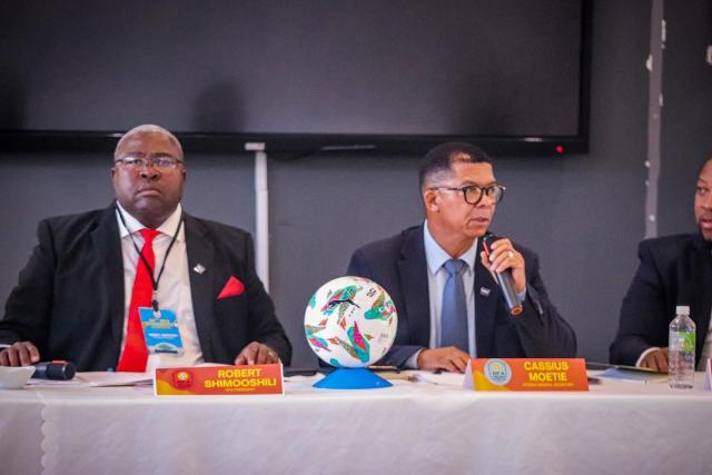 WINDHOEK, 16 November 2025 - NFA President Robert Shimooshili (L) and Interim Secretary General Casius Moetie (R) at the 34 NFA Ordinary congress in Windhoek (Photo: Contributed) NAMPA 