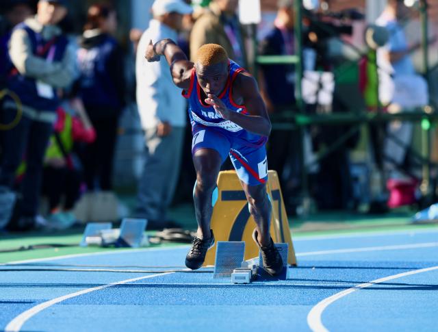TOKYO, 17 November 2025 - Namibian sprinter with a hearing impairment Elifas Nghikevali leaving the starting blocks at the Komazawa Olympic Park General Sports Ground Athletic Field in Tokyo, Japan during the 400m heats at the 2025 Deaflympic Games. (Photo by: Hesron Kapanga) NAMPA