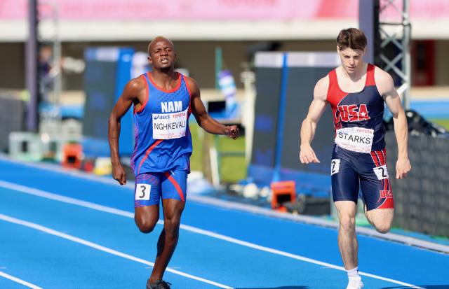 TOKYO, 18 November 2025 - Namibian sprinter with a hearing impairment Elifas Nghikevali (left), and Paul Starks of the United States of America while  in action at the Komazawa Olympic Park General Sports Ground Athletic Field in Tokyo, Japan during the 400m semi-finals heats at the 2025 Deaflympic Games. (Photo by: Hesron Kapanga) NAMPA 