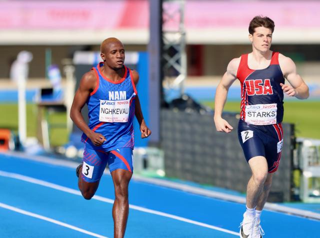 TOKYO, 18 November 2025 - Namibian sprinter with a hearing impairment Elifas Nghikevali (left), and Paul Starks of the United States of America while  in action at the Komazawa Olympic Park General Sports Ground Athletic Field in Tokyo, Japan during the 400m semi-finals heats at the 2025 Deaflympic Games. (Photo by: Hesron Kapanga) NAMPA 