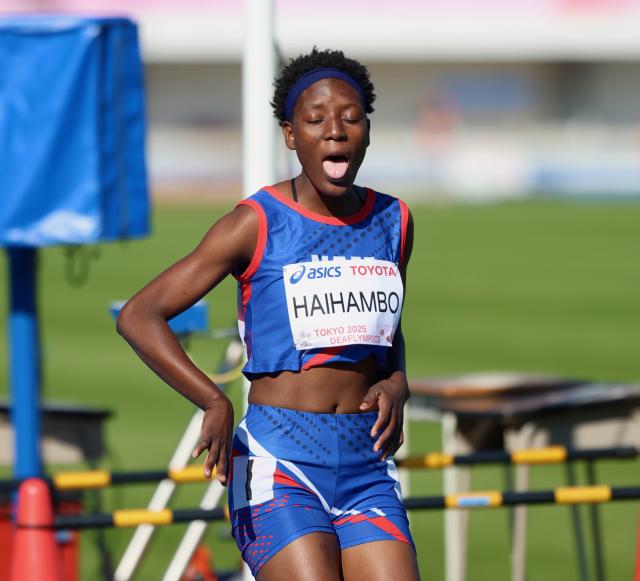 TOKYO, 18 November 2025 - Namibian sprinter with a hearing impairment Shayla Haihambo pictured at the finished line at the Komazawa Olympic Park General Sports Ground Athletic Field in Tokyo, Japan during the 100m heats at the 2025 Deaflympic Games. (Photo by: Hesron Kapanga) NAMPA