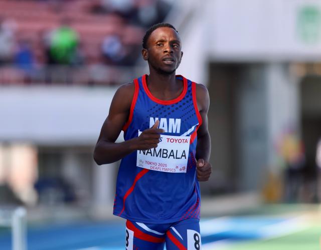 TOKYO, 17 November 2025 - Namibian sprinter with a hearing impairment Nghihupwamunhu Tomas Nambala at the finishing line after his race at the Komazawa Olympic Park General Sports Ground Athletic Field in Tokyo, Japan during the 400m heats at the 2025 Deaflympic Games. (Photo by: Hesron Kapanga) NAMPA