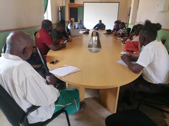 OTJIWARONGO, 19 November 2025 - The Namibian Police Force (NamPol)'s Otjozondjupa Regional Commander, Commissioner Philip Hidengwa (centre) on Wednesday at Otjiwarongo Police Station chairs a meeting with different political party leaders on safety and security of public during their last campaign rallies and street procession this coming weekend at Otjiwarongo ahead of the 2025 Regional Councils and Local Authorities elections on 26 November 2025. (Photo by: Mulisa Simiyasa) NAMPA 