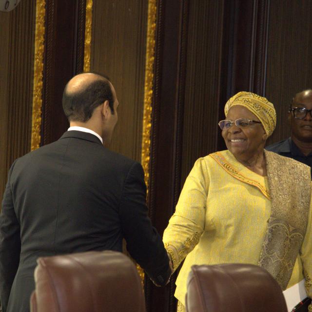 WINDHOEK, 20 November 2025 - President Netumbo Nandi-Ndaitwah welcoming the Minister of State Energy of Qatar Saad Sherida Al-Kaabi to State House (Photo: Andreas Thomas) NAMPA
