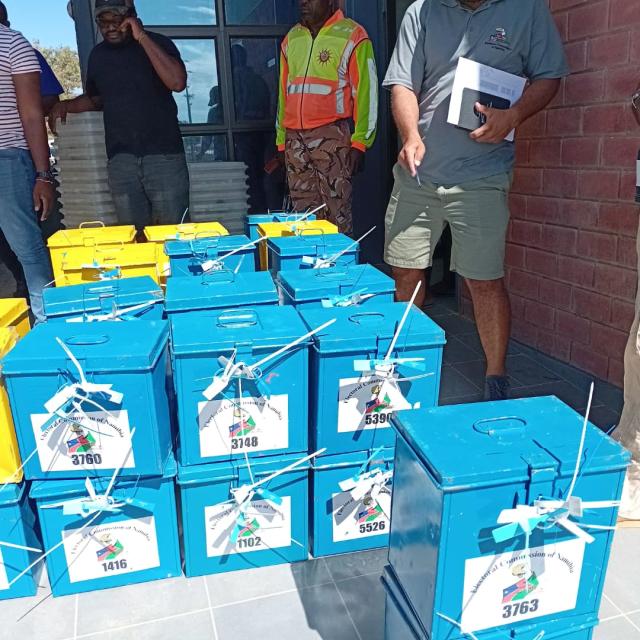 Opuwo, 20 November 2025- ECN Officials preparing sensitive election materials to be transported for Kunene South at Opuwo Police Headquarters on Thursday. (Photo by: Kaviveterue Virere) NAMAPA