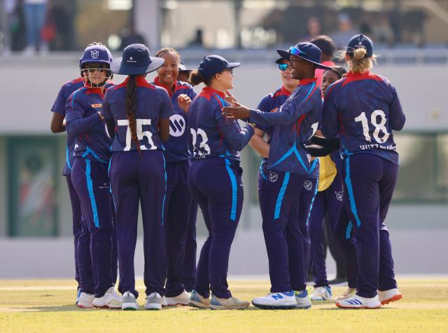 WINDHOEK, 02 September 2025 - Namibia's women cricket team captain players celebrating a wicket against Zimbabwe at the Namibia Cricket Ground in Windhoek during the ICC T20I  ICC Women's Emerging Nations Trophy qualifiers in Windhoek. (Photo by: Hesron Kapanga) NAMPA