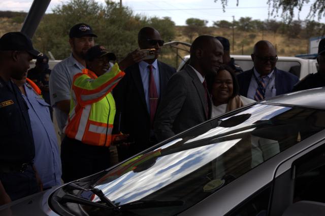 WINDHOEK, 20 November 2025 - Minister of Works and Transport Veiko Nekundi, along with Lucia Iipumbu, the Minister of Home Affairs, Immigration, Safety and Security, observed traffic safety and traffic rules on vehicles during the launch of the Okapuka Road Traffic Checkpoint, as well as the festive season road safety campaign, in collaboration with various stakeholders from the security clusters and the National Road Council. (Photo by: Uakutura Kambaekua) NAMPA.