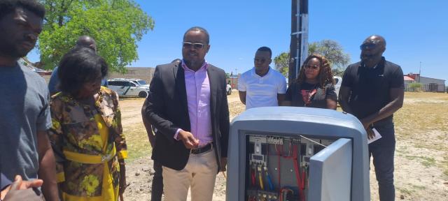 ONIIPA, 21 November 2025- Acting Chief Executive Officer of Nored Kudumo Siremo standing next to the electricity kiosk that protects electrical equipments.

(Photo: Max Henrich) NAMPA