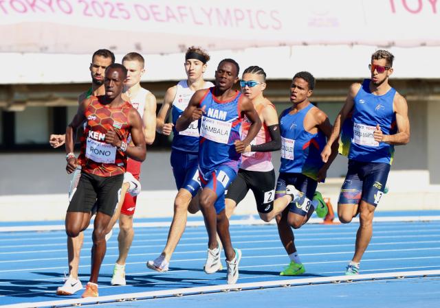 TOKYO, 22 November 2025 – Namibia’s 800-metre sprinter, Nghihupwamunhu Nambala (in blue) while in action during the 800m semi-final heat at the Deaflympic Games in at the Tokyo Metropolitan Komazawa Stadium in Japan. (Photo by: Hesron Kapanga) NAMPA