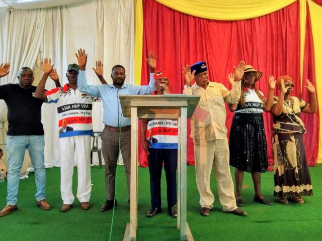 KATIMA MULILO, 22 November 2025 - President of the National Democratic Party (NDP), Martin Lukato Lukato flanked by some of his “brave” lieutenants at a star rally in Katima Mulilo ahead of the 26 November 2025 regional council and local authority elections on Saturday.
(Photo: Michael Mutonga Liswaniso) NAMPA
