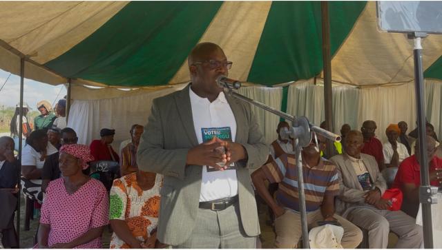 MAYANA, 23 November 2025 - Current Rundu Rural Constituency Councillor and independent candidate, Paulus Mbangu speaking during a joint rally with fellow independent candidate Petrus Kashumali at Mayana village on Sunday. (Photo by: Sawi Hausiku) NAMPA 
