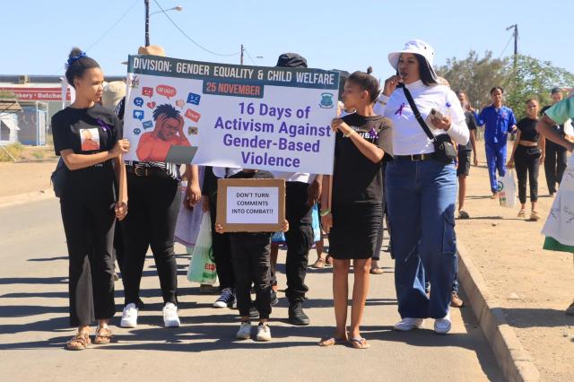 Keetmanshoop, 25 November 2025 - The community members marching from the J. STEPHANUS STADIUM, in support of the official launch for the  16 DAYS OF ACTIVISM
AGAINST GENDER BASED VIOLENCE CAMPAIGN (Photo by: Ministry of Gender(MGECW)) NAMPA
